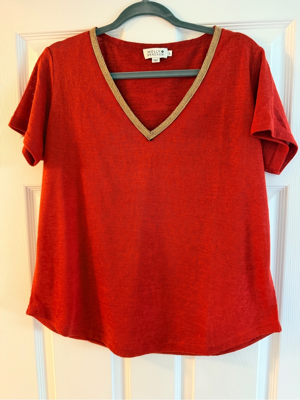 Orange/Red Short Sleeve Top with Beaded Gold V-Neck